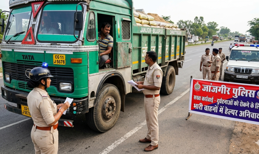बड़े वाहनों में हेल्पर नहीं रखने से बढ़ रही दुर्घटनाओं को लेकर जांजगीर पुलिस की सख्त कार्रवाई